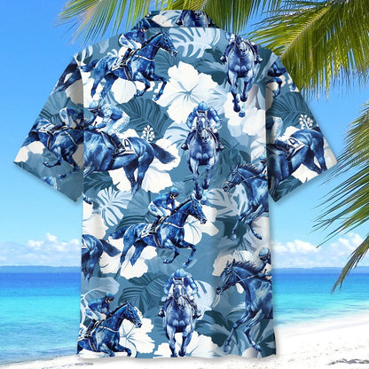 Horse Racing Hibiscus Blue Hawaiian Shirt