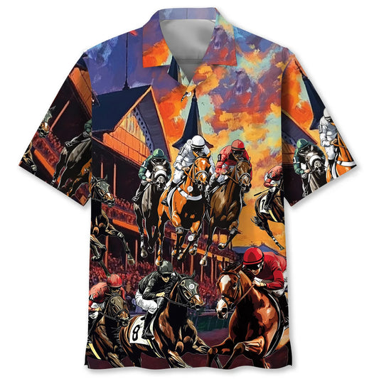 Horse Racing Racecourse Sunset Hawaiian Shirt - S - hawaiian shirt