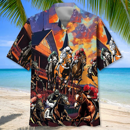 Horse Racing Racecourse Sunset Hawaiian Shirt