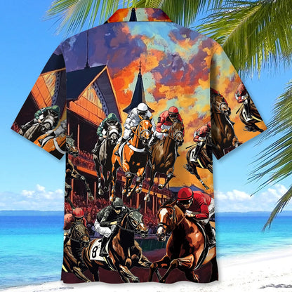 Horse Racing Racecourse Sunset Hawaiian Shirt