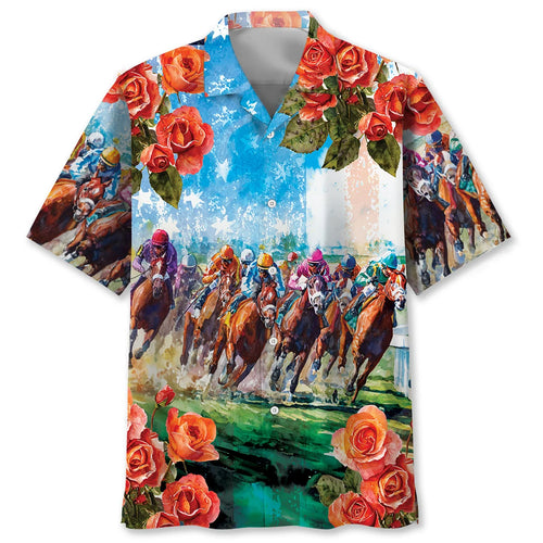 Horse Racing Rose American Flag Watercolor Hawaiian Shirt