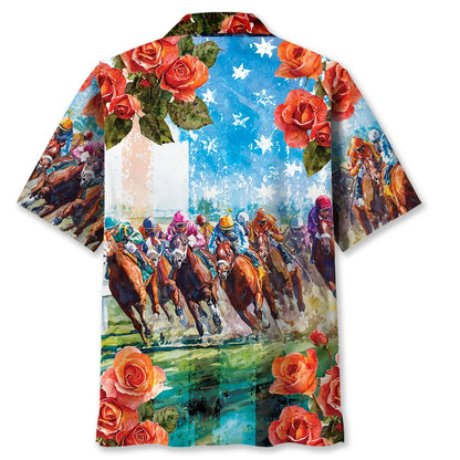 Horse Racing Rose American Flag Watercolor Hawaiian Shirt