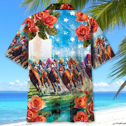 Horse Racing Rose American Flag Watercolor Hawaiian Shirt