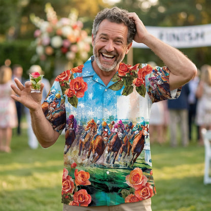 Horse Racing Rose American Flag Watercolor Hawaiian Shirt