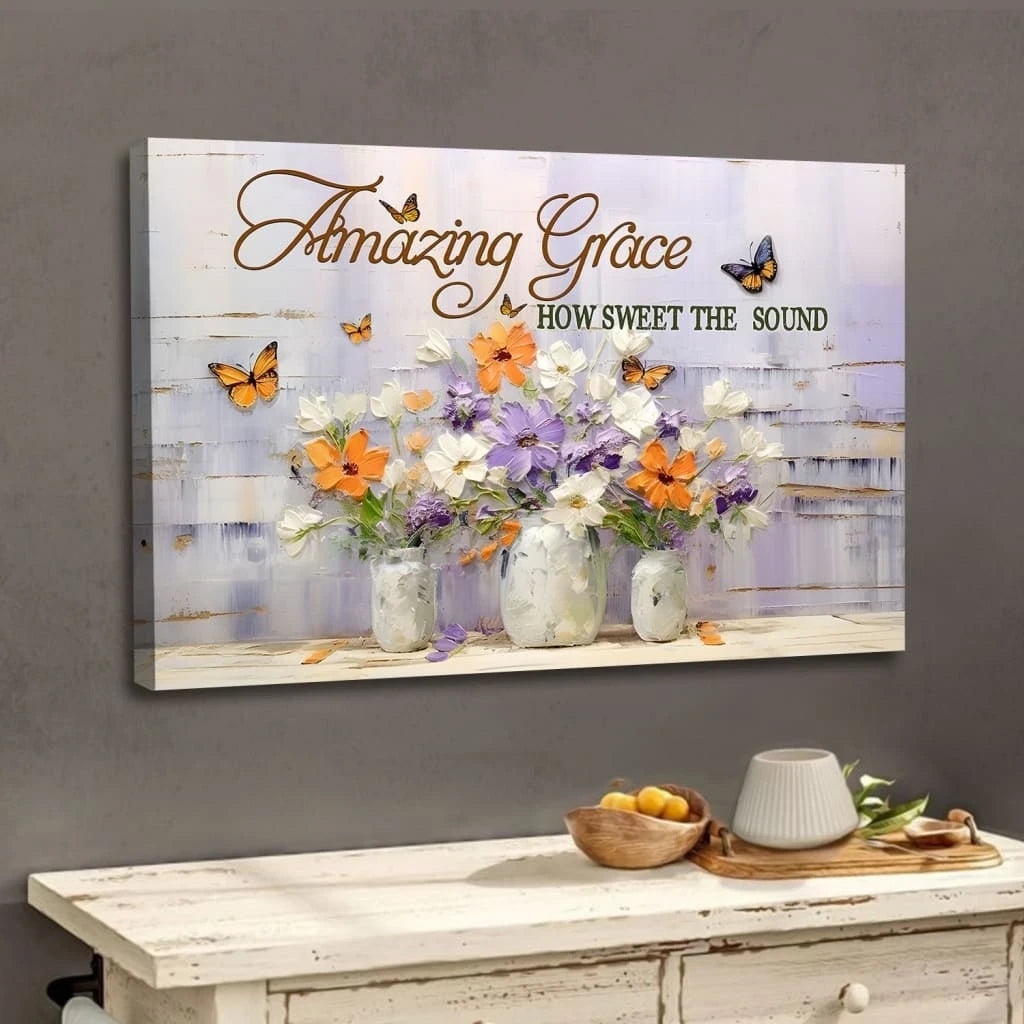 amazing grace how sweet the sound wall art butterflies flowers christian canvas art (Landscape) (view 2)