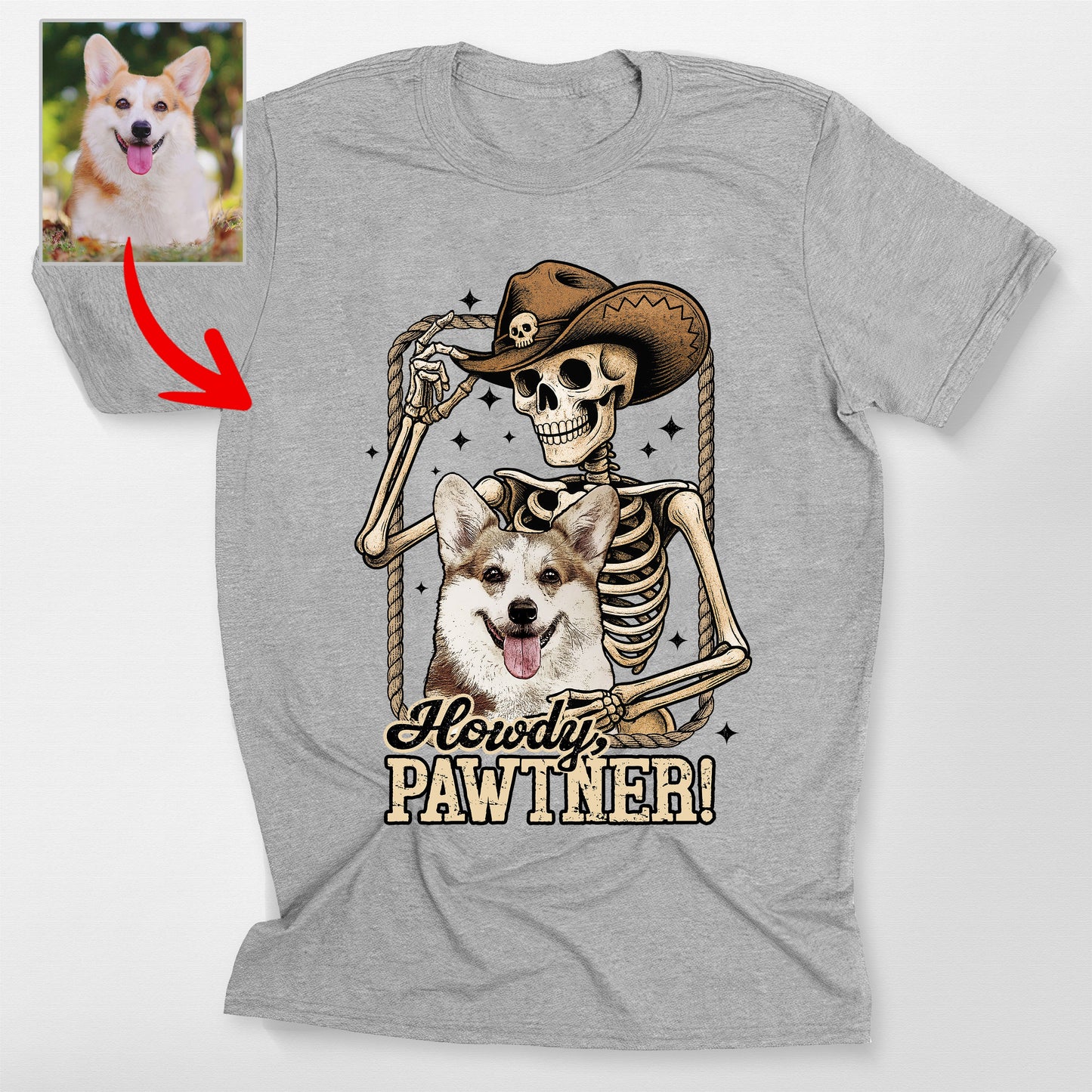 Howdy Pawtner Custom Dog Cowboy Skeleton Bella Can, custom pet portrait gift for pet lovers