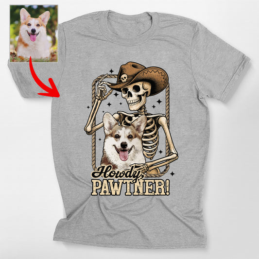 Howdy Pawtner Custom Dog Cowboy Skeleton Bella Can, custom pet portrait gift for pet lovers