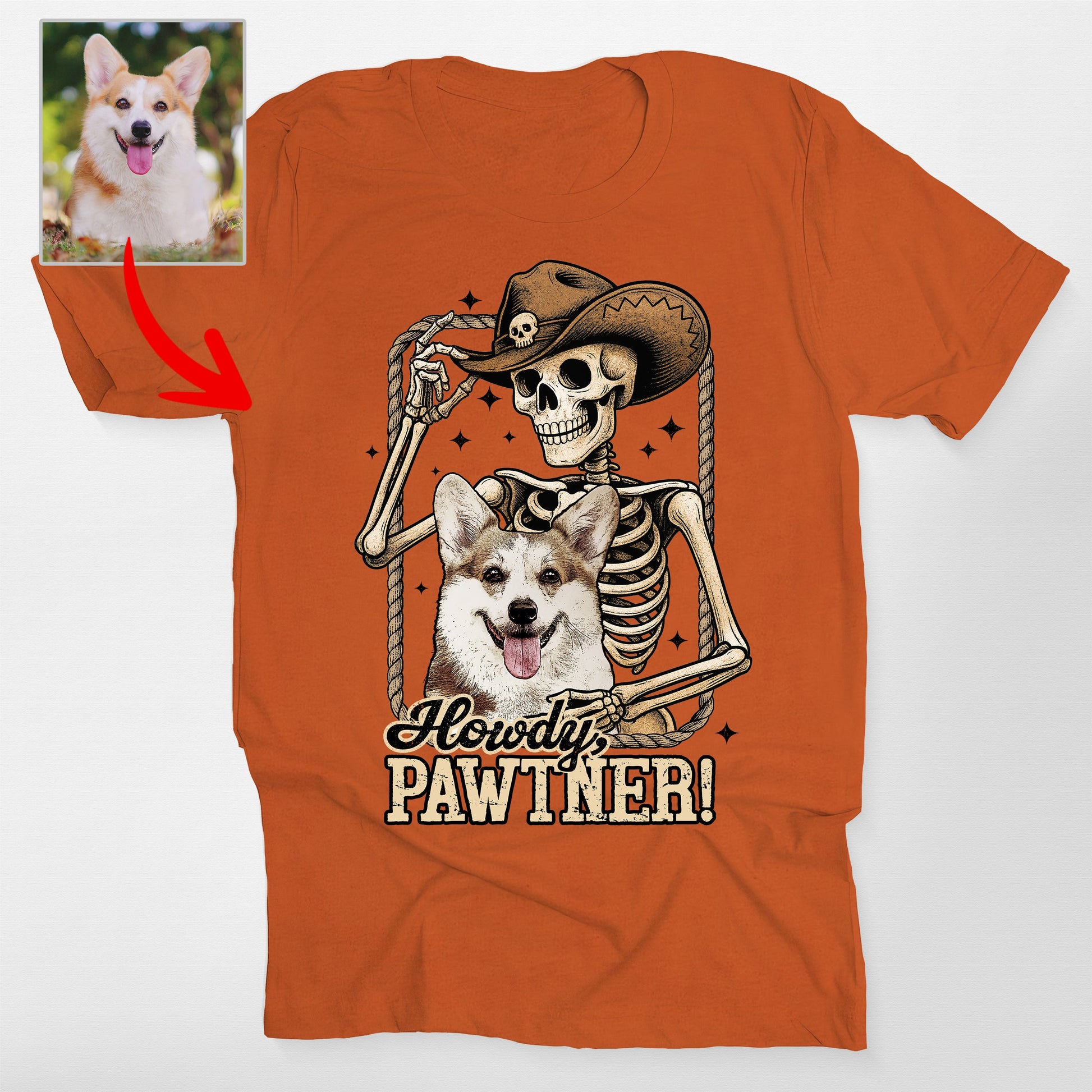 Howdy Pawtner Custom Dog Cowboy Skeleton Bella Can, custom pet portrait gift for pet lovers (view 5)