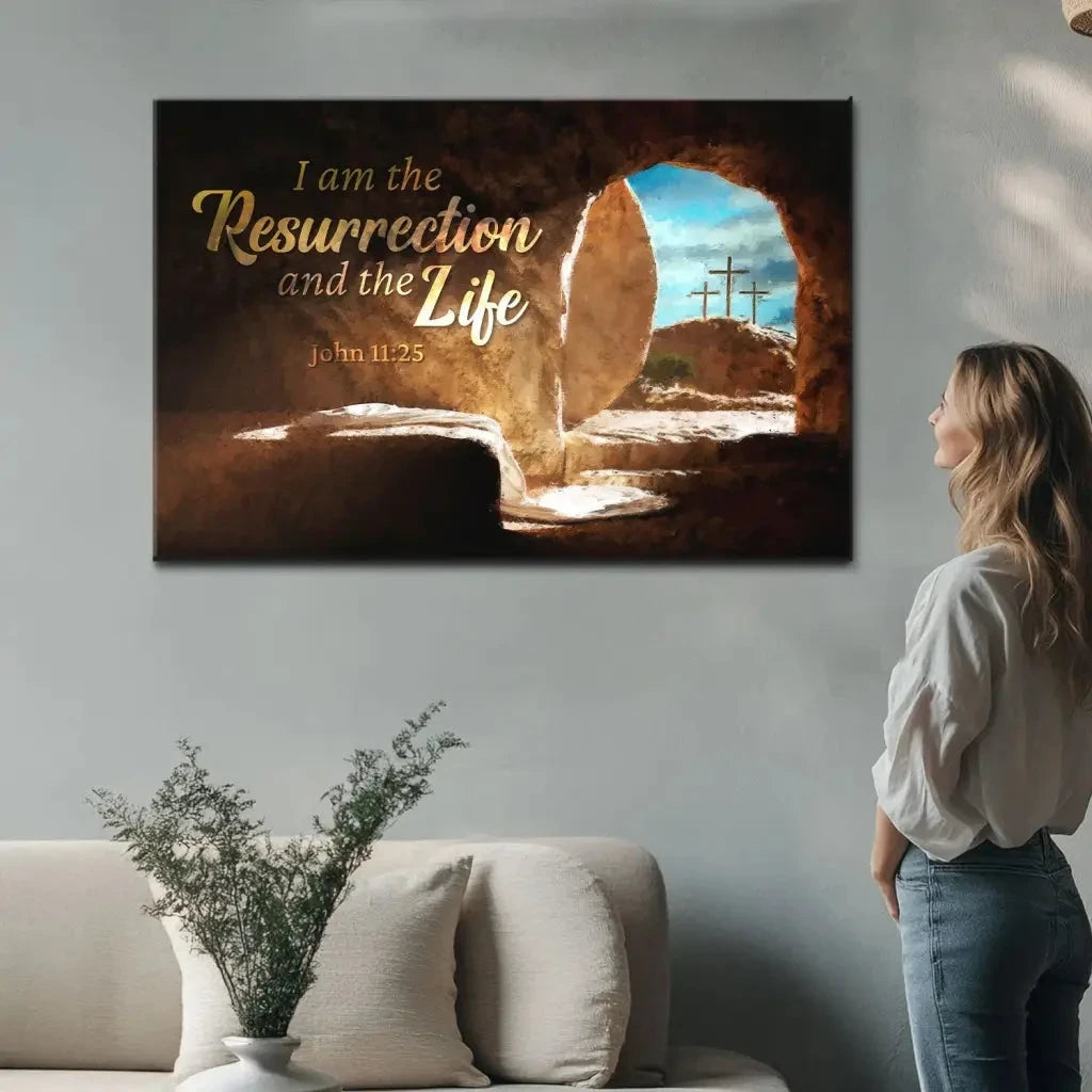 i am the resurrection and the life easter john 11 25 wall art canvas (Landscape) (view 3)