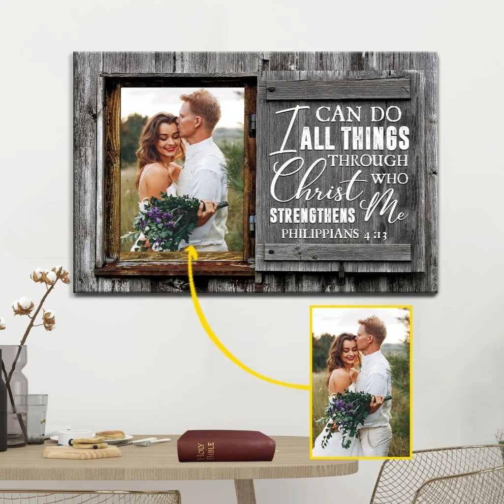 personalized i can do all things through christ wall art canvas with custom photo (Landscape) (view 2)