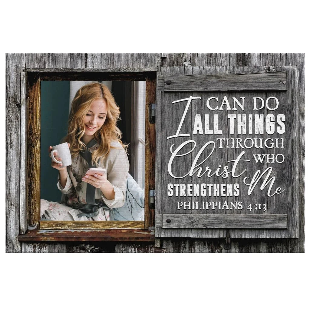 personalized i can do all things through christ wall art canvas with custom photo (Landscape) (view 3)