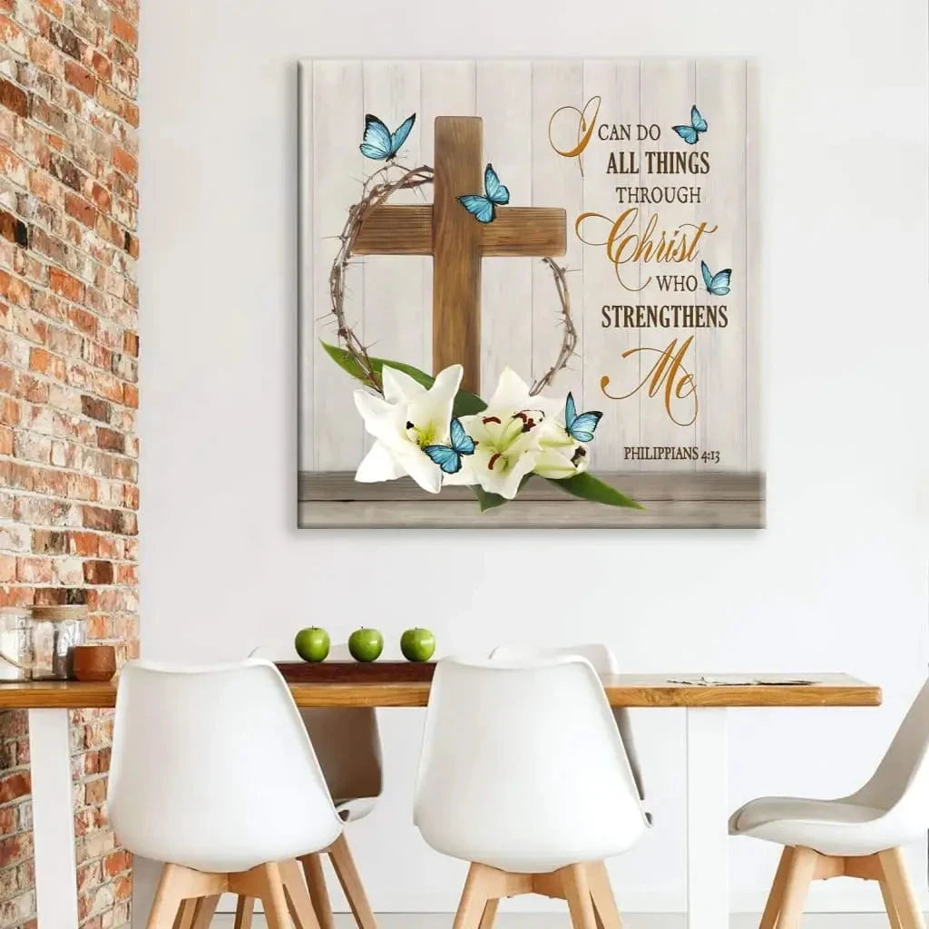 i can do all things through christ wooden cross lily flower butterflies wall art canvas (Landscape) (view 9)
