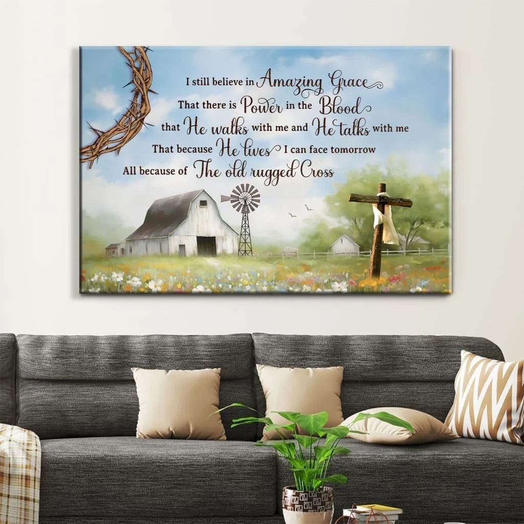christian wall art i still believe in amazing grace canvas old white barn cross (Landscape) (view 5)