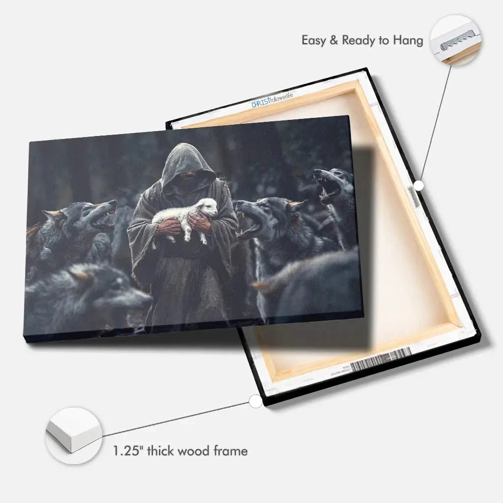jesus the shepherd protects the lamb from the wolves canvas print (Landscape) (view 4)