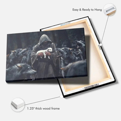 jesus the shepherd protects the lamb from the wolves canvas print (Landscape) (view 4)