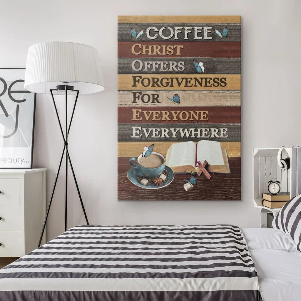 coffee christ offers forgiveness for everyone everywhere wall art canvas jesus coffee wall art (view 3)