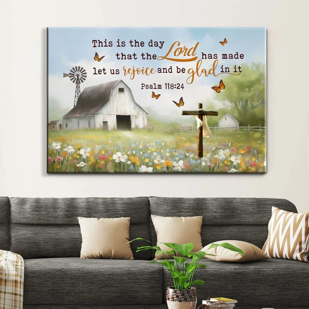 this is the day that the lord has made old barn cross wall art canvas (Landscape) (view 3)