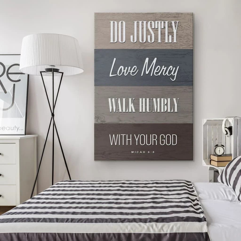 do justly love mercy walk humbly micah 6 8 bible verse wall art canvas print (Landscape) (view 2)