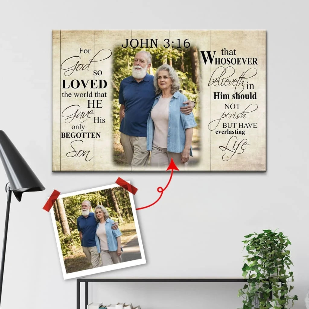 personalized for god so loved the world john 3 16 kjv wall art canvas with custom photo (Landscape) (view 4)