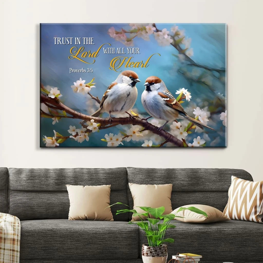 trust in the lord with all your heart sparrows proverbs 3 5 wall art canvas (Landscape) (view 5)