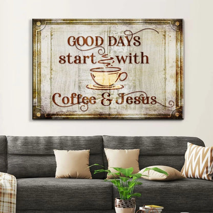 good days start with coffee and jesus modern farmhouse wall art canvas (Landscape) (view 2)
