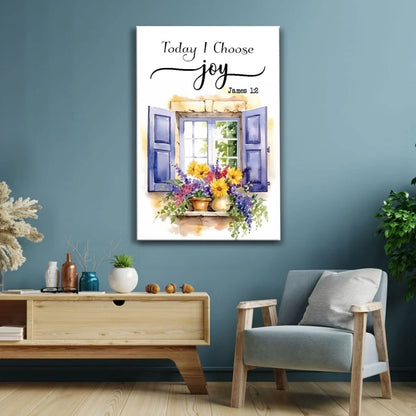today i choose joy canvas print window with flowers christian wall art (Landscape)