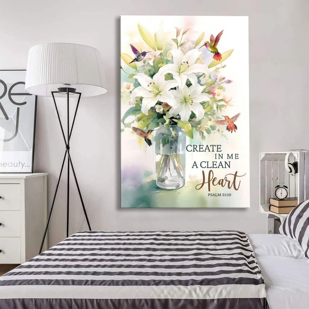 create in me a clean heart hummingbird lily flower psalm 51 10 wall art canvas (view 4)
