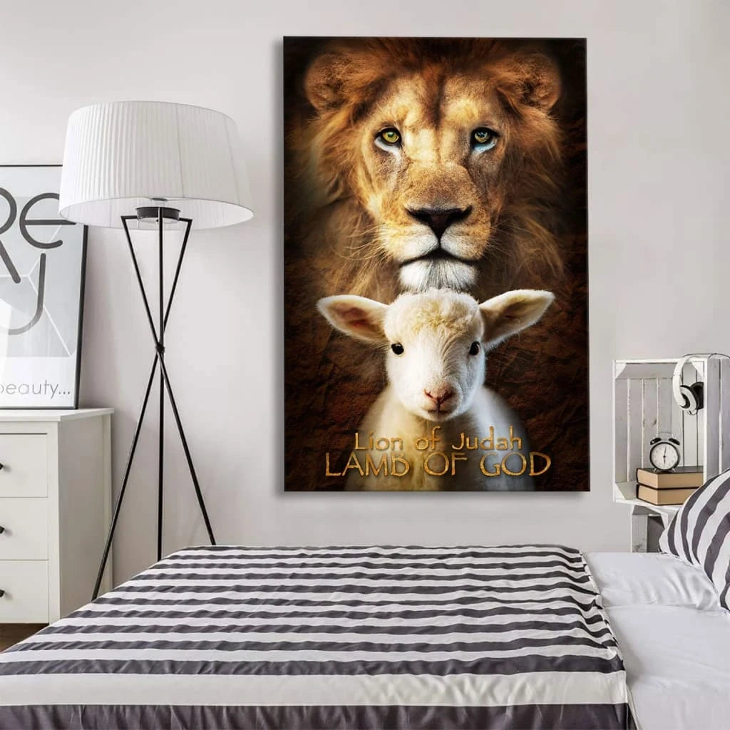 lion of judah and lamb of god stand together wall art canvas print (view 4)