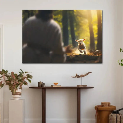 lamb running to jesus in the forest wall art canvas (Landscape) (view 4)