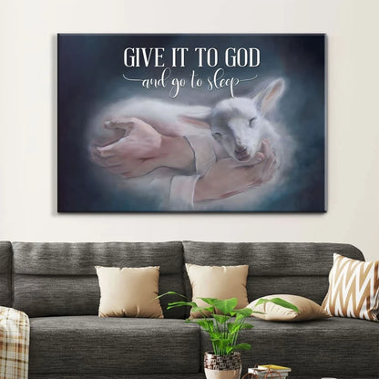 jesus holding a lamb give it to god and go to sleep wall art canvas print (Landscape) (view 4)
