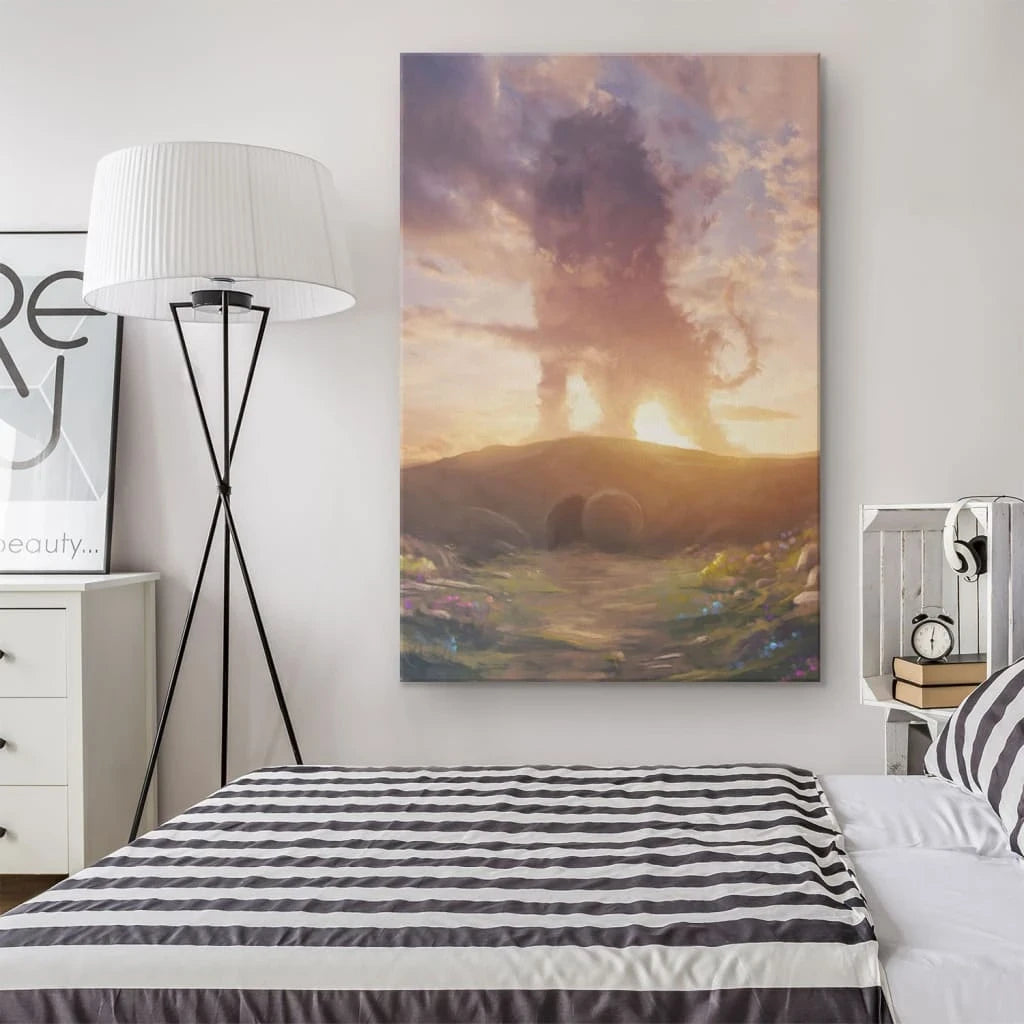 lion of judah above the empty tomb he is risen wall art canvas (view 3)