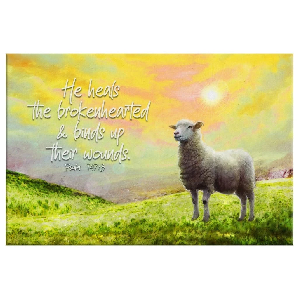 psalm 147 3 he heals the brokenhearted sheep christian wall art canvas (Landscape) (view 3)