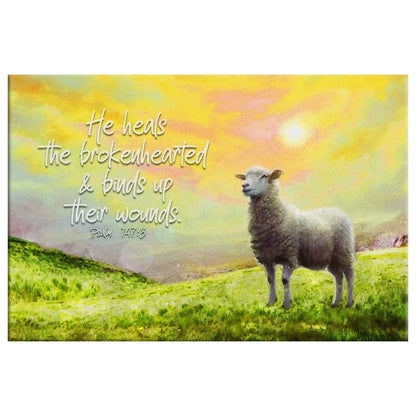 psalm 147 3 he heals the brokenhearted sheep christian wall art canvas (Landscape) (view 3)