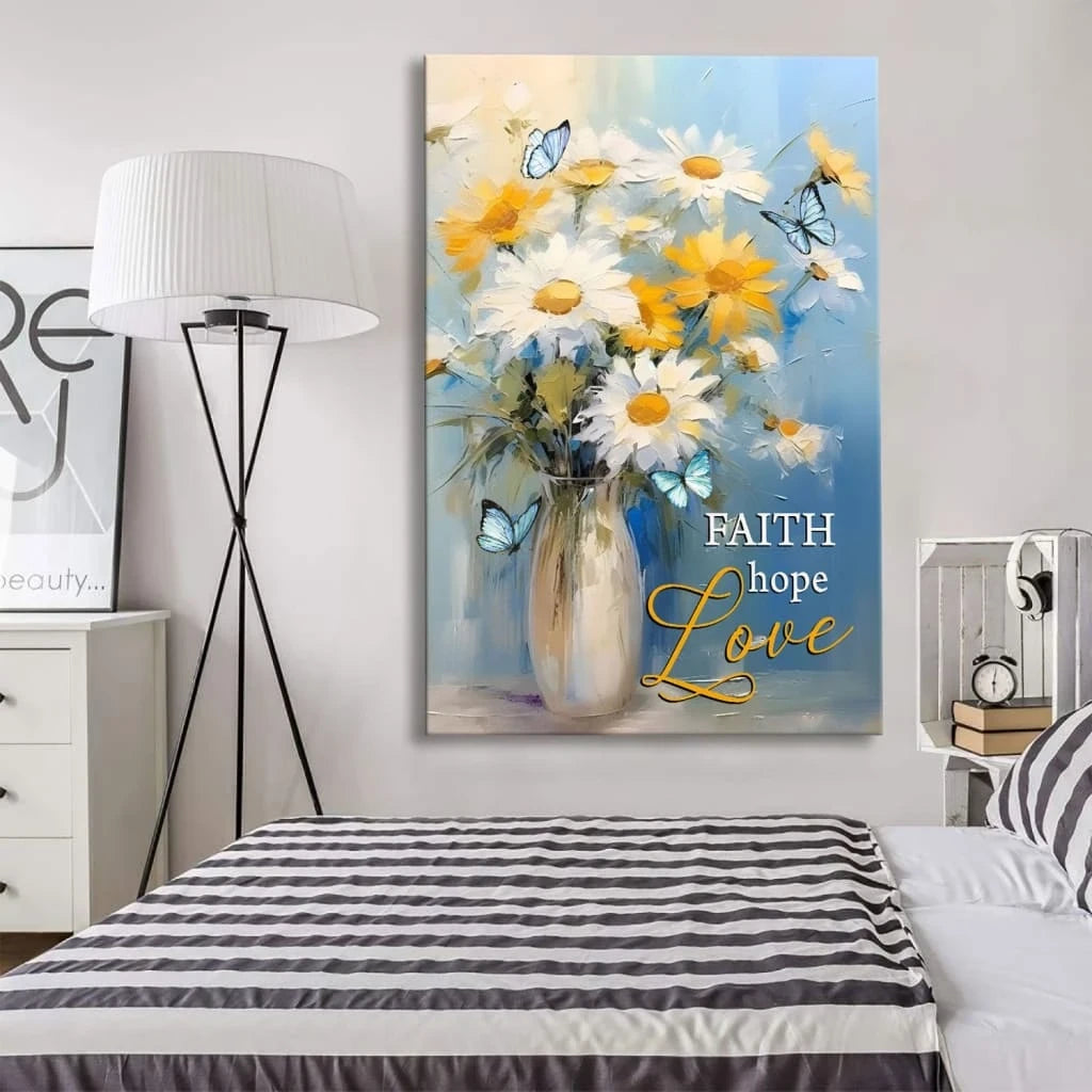 faith hope love wall art butterflies daisies in a vase christian canvas art (view 3)