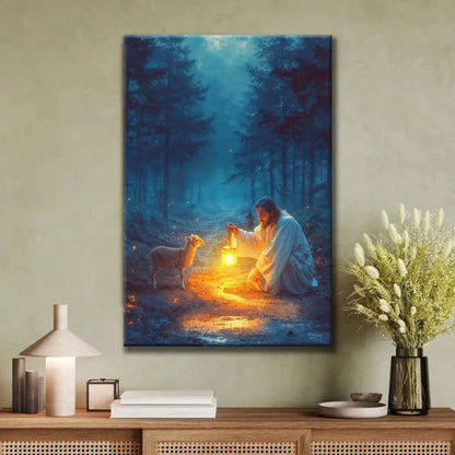 jesus rescues lamb at night wall art canvas (Landscape) (view 6)