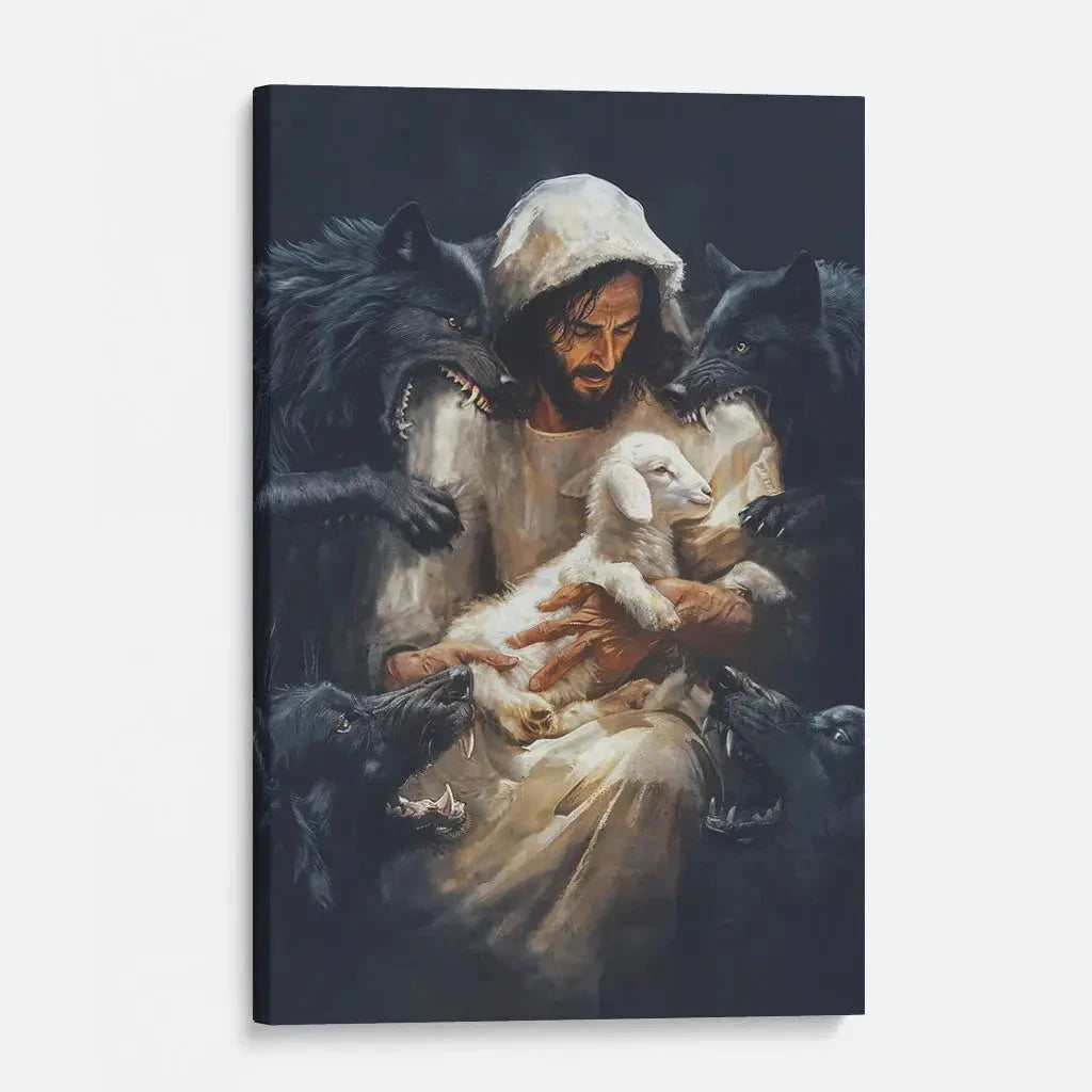 jesus the good shepherd protecting his lamb from the wolves wall art canvas print (view 3)