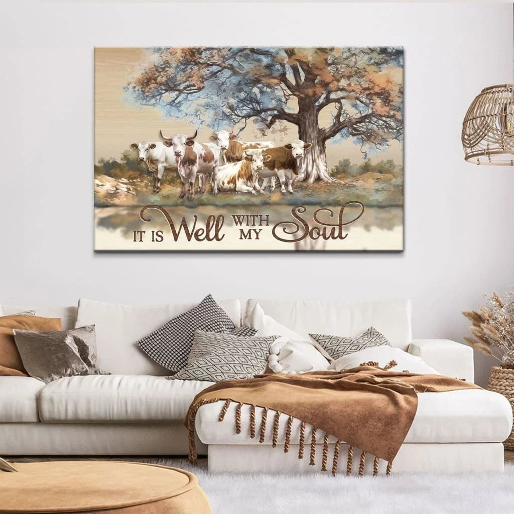 christian wall art it is well with my soul canvas art cows under tree (Landscape) (view 3)