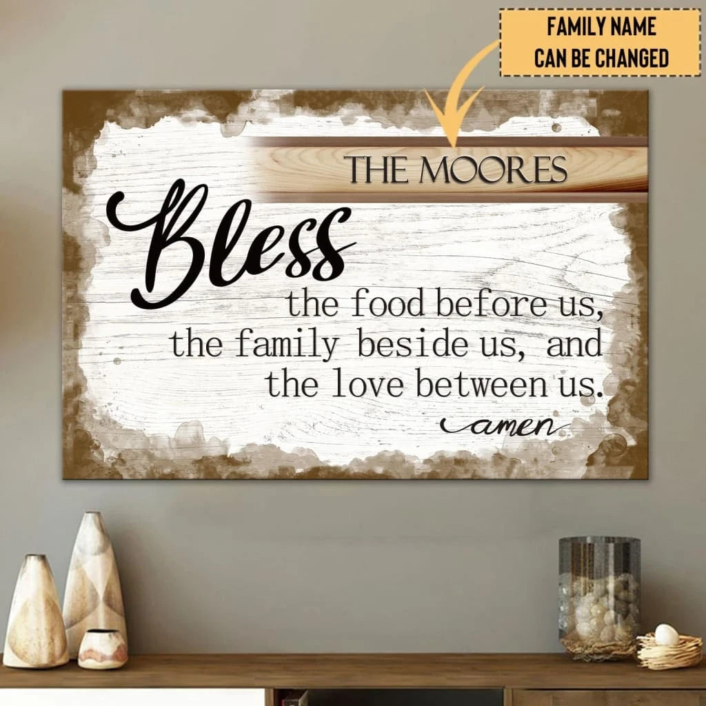 personalized family name bless the food before us christian wall art canvas print (Landscape) (view 3)