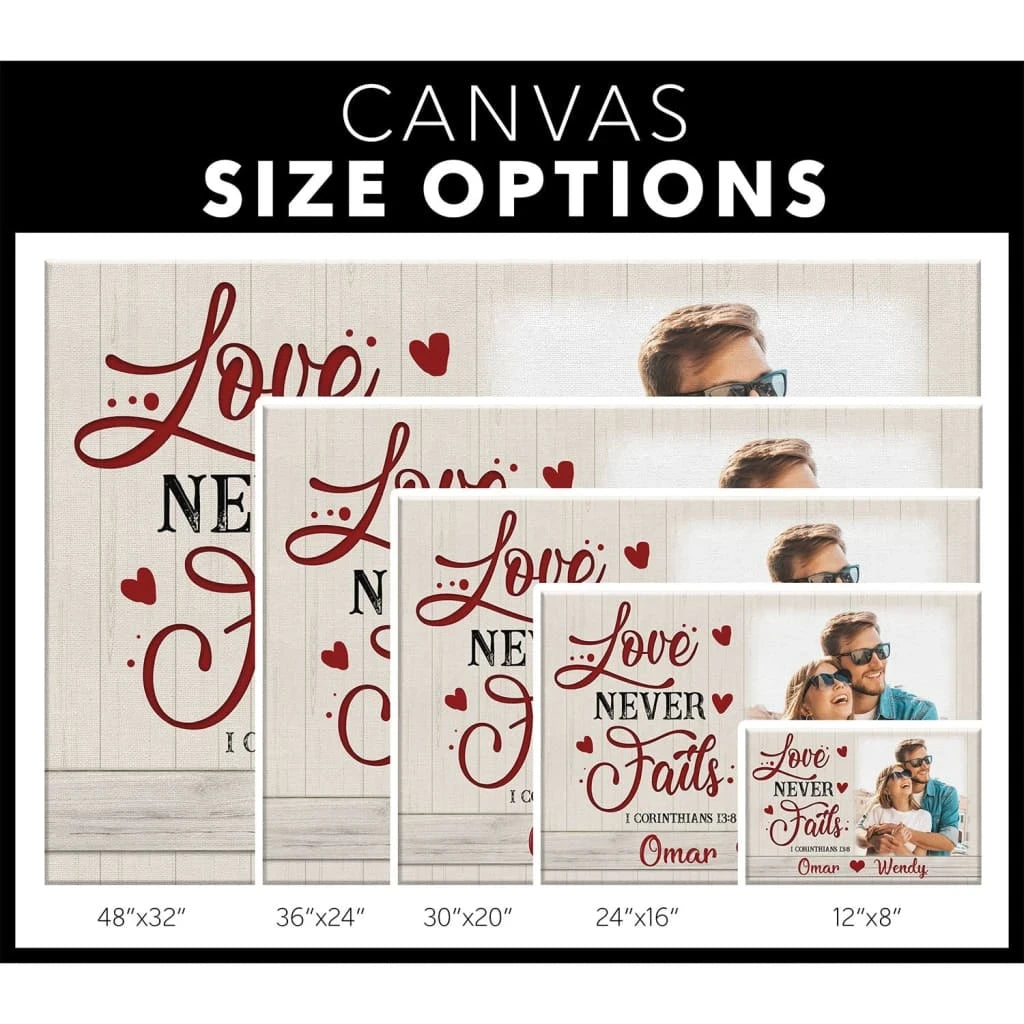personalized love never fails christian wall art canvas with custom photo and names (Landscape) (view 2)