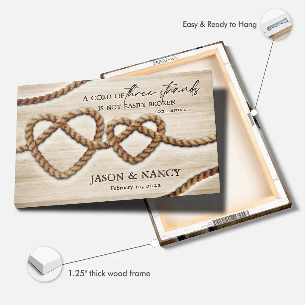personalized a cord of three strands is not easily broken ecclesiastes 4 12 wall art canvas (Landscape) (view 3)