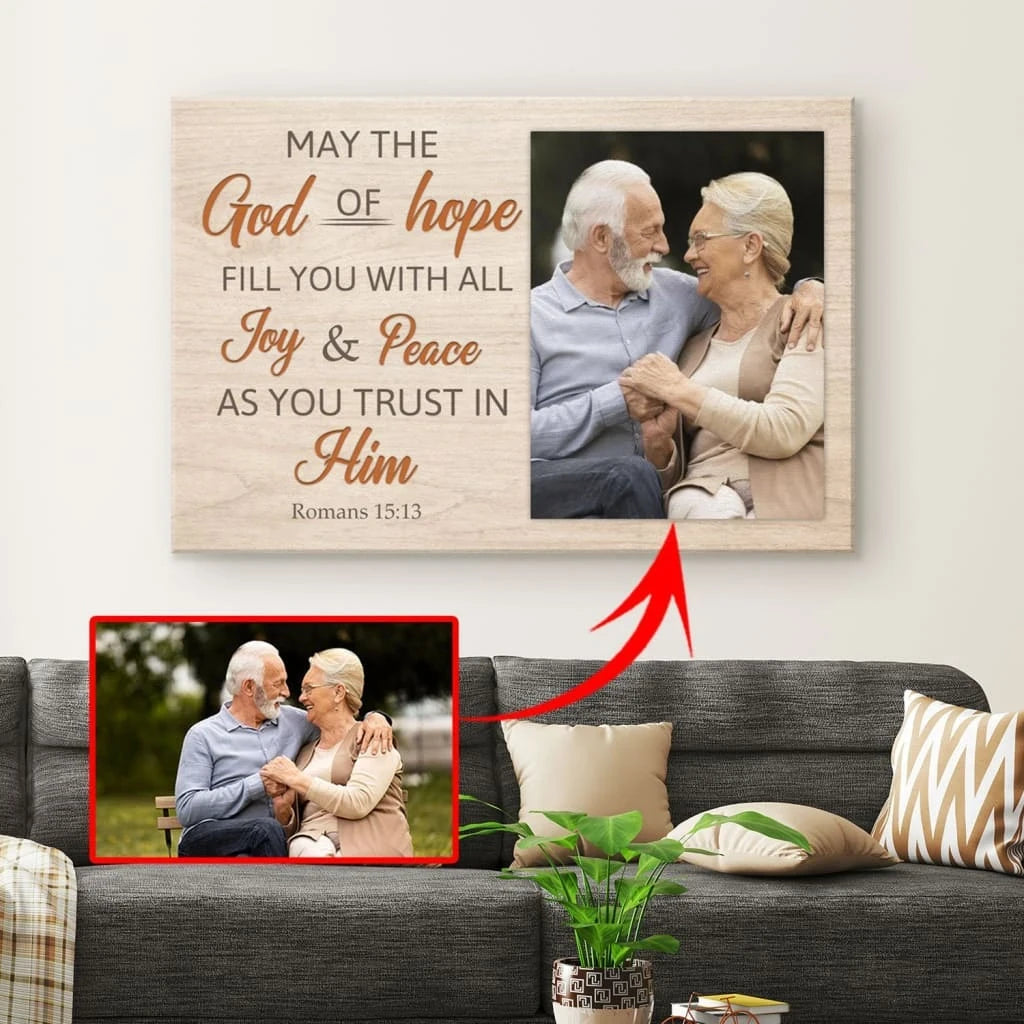 personalized may the god of hope fill you christian wall art canvas with custom photo (Landscape) (view 2)