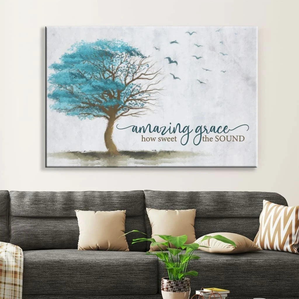 amazing grace how sweet the sound birds flying tree christian wall art canvas (Landscape) (view 3)