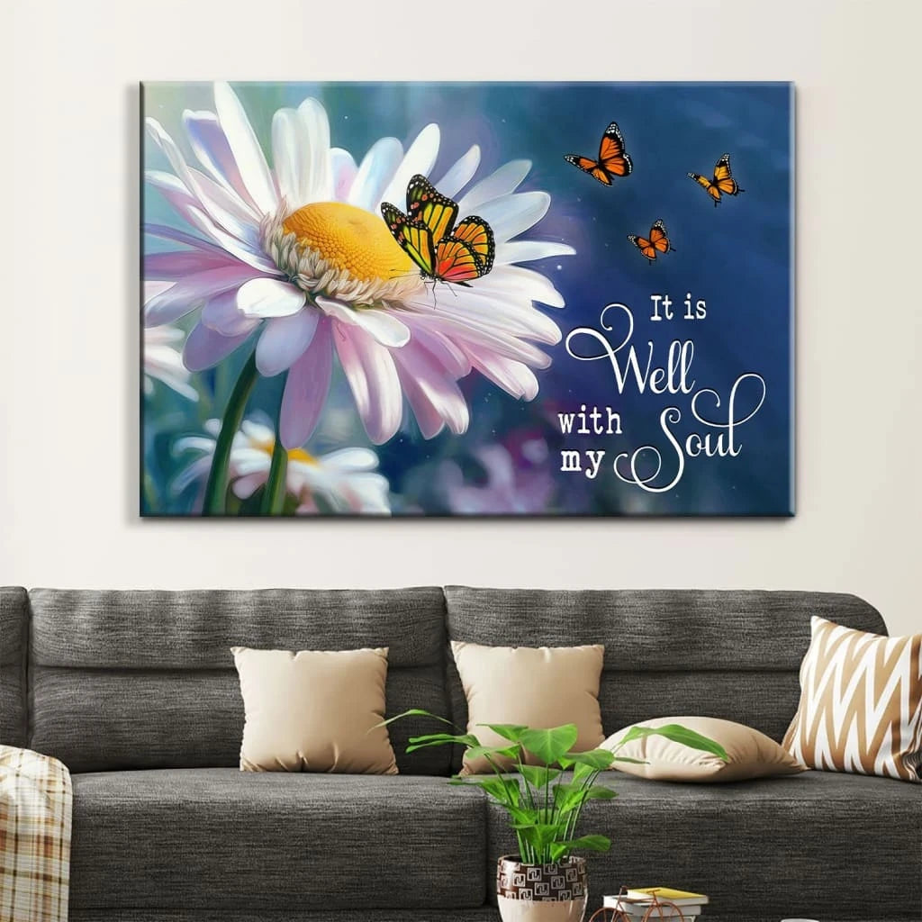 it is well with my soul canvas print daisy and butterfly christian wall art (Landscape) (view 4)