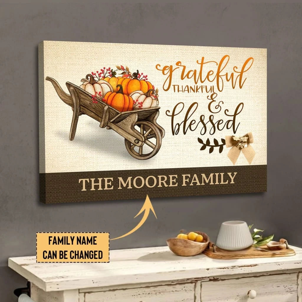 personalized grateful thankful blessed wall art thanksgiving canvas print with custom family name (Landscape) (view 4)
