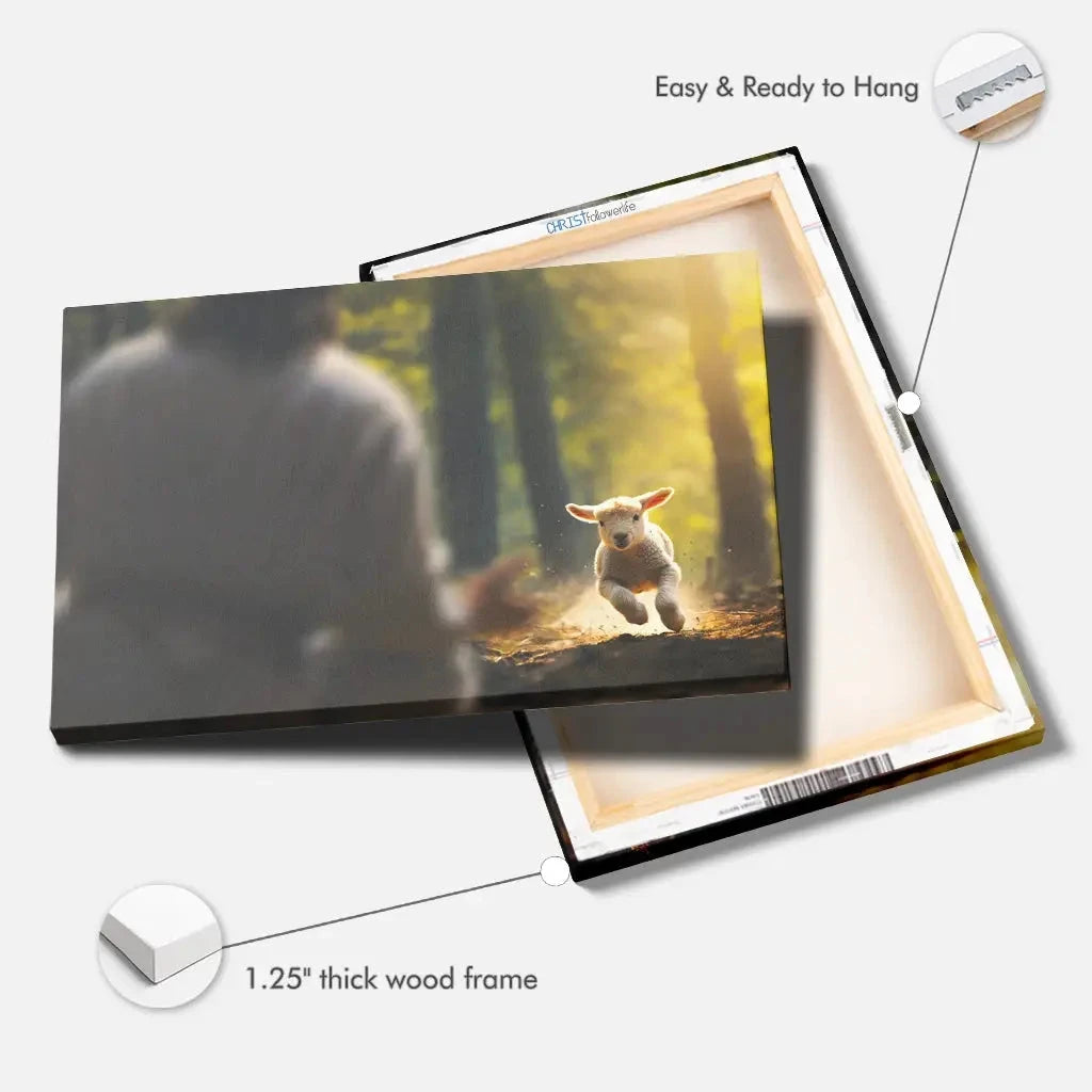 lamb running to jesus in the forest wall art canvas (Landscape) (view 5)