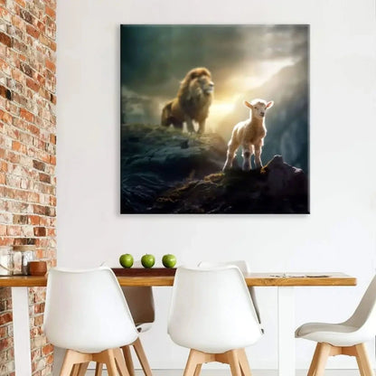 lamb is bold because lion is near christian wall art canvas (Landscape) (view 3)