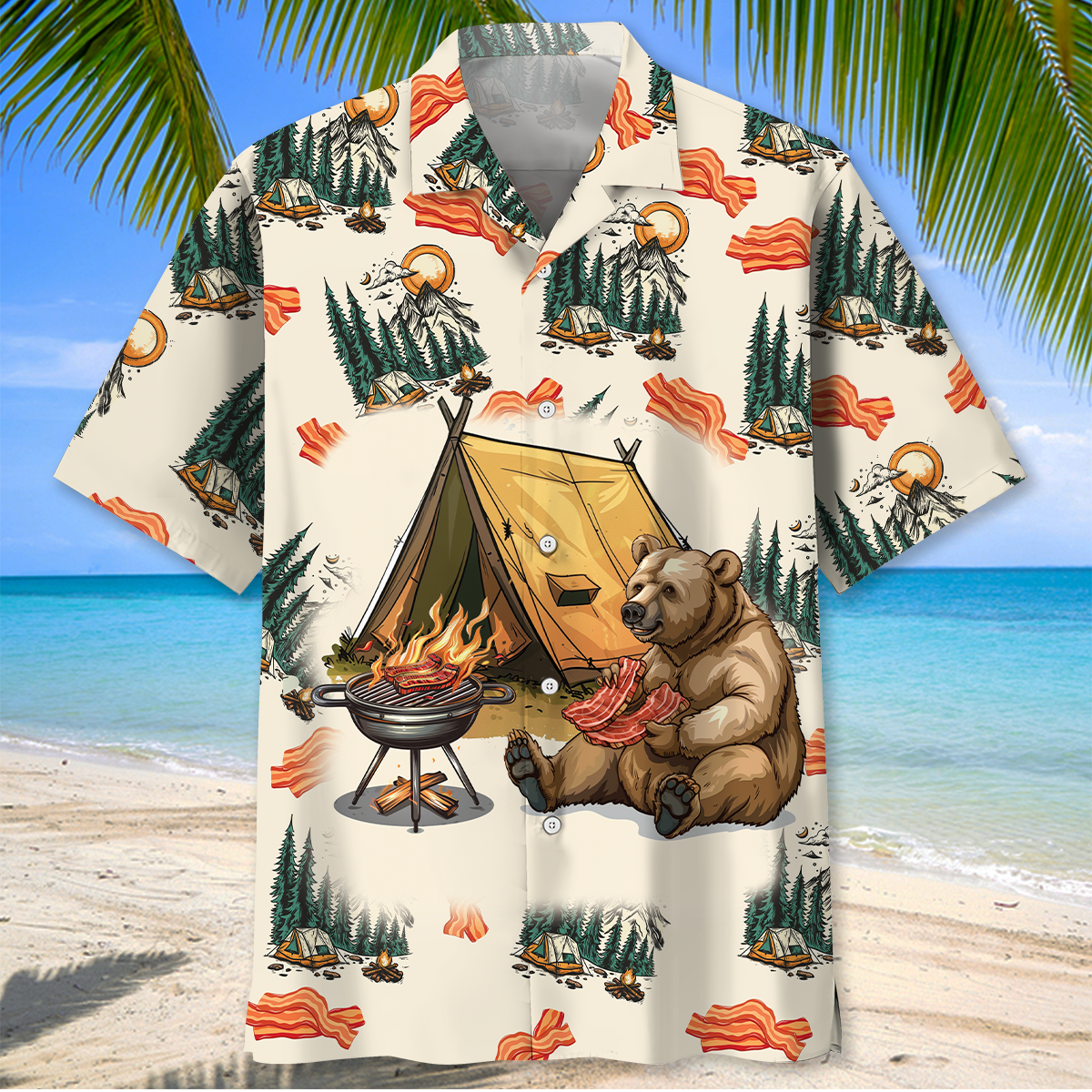 If It Involves Camping Bacon Count Me in Hawaiian - L - hawaiian shirt