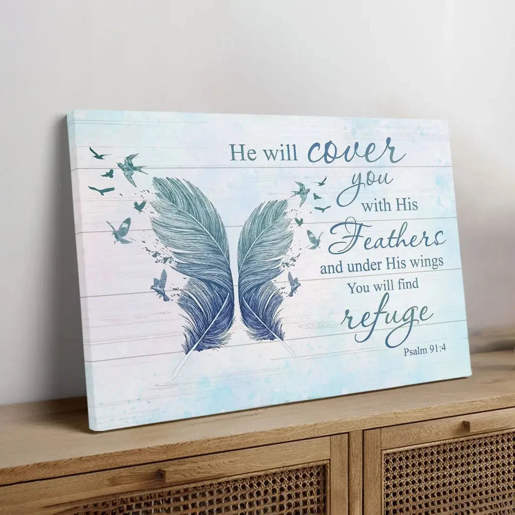 he will cover you with his feathers psalm 91 4 bible verse wall art canvas (Landscape) (view 5)
