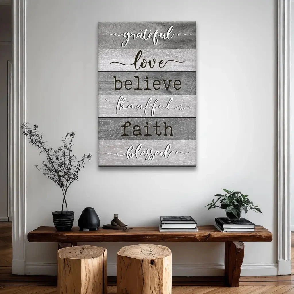 grateful love believe thankful faith blessed christian wall art canvas (view 3)