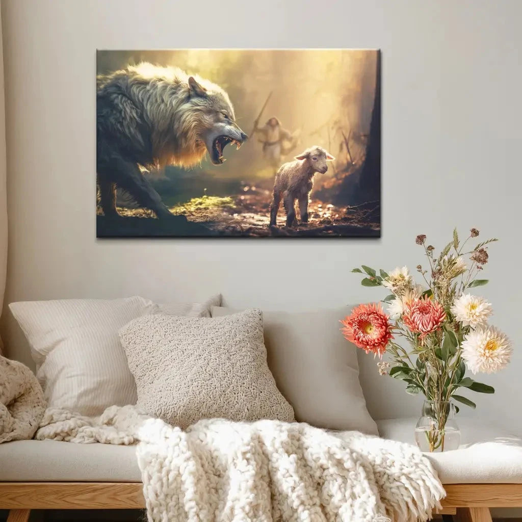 jesus running towards wolf and lamb christian wall art canvas (Landscape) (view 4)